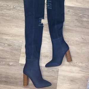 Denim thigh high boots